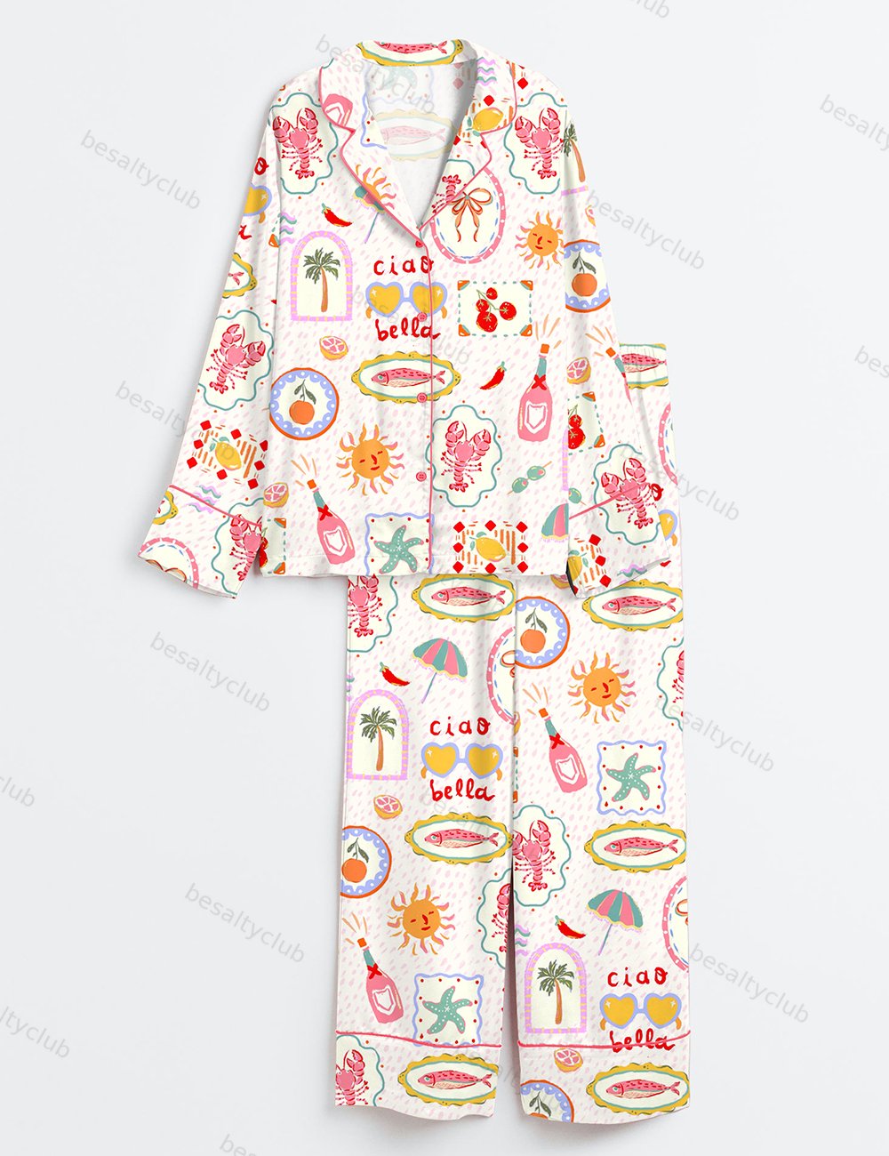 Summer In Italy Ciao Bella Long Sleeve Satin Pajama Set