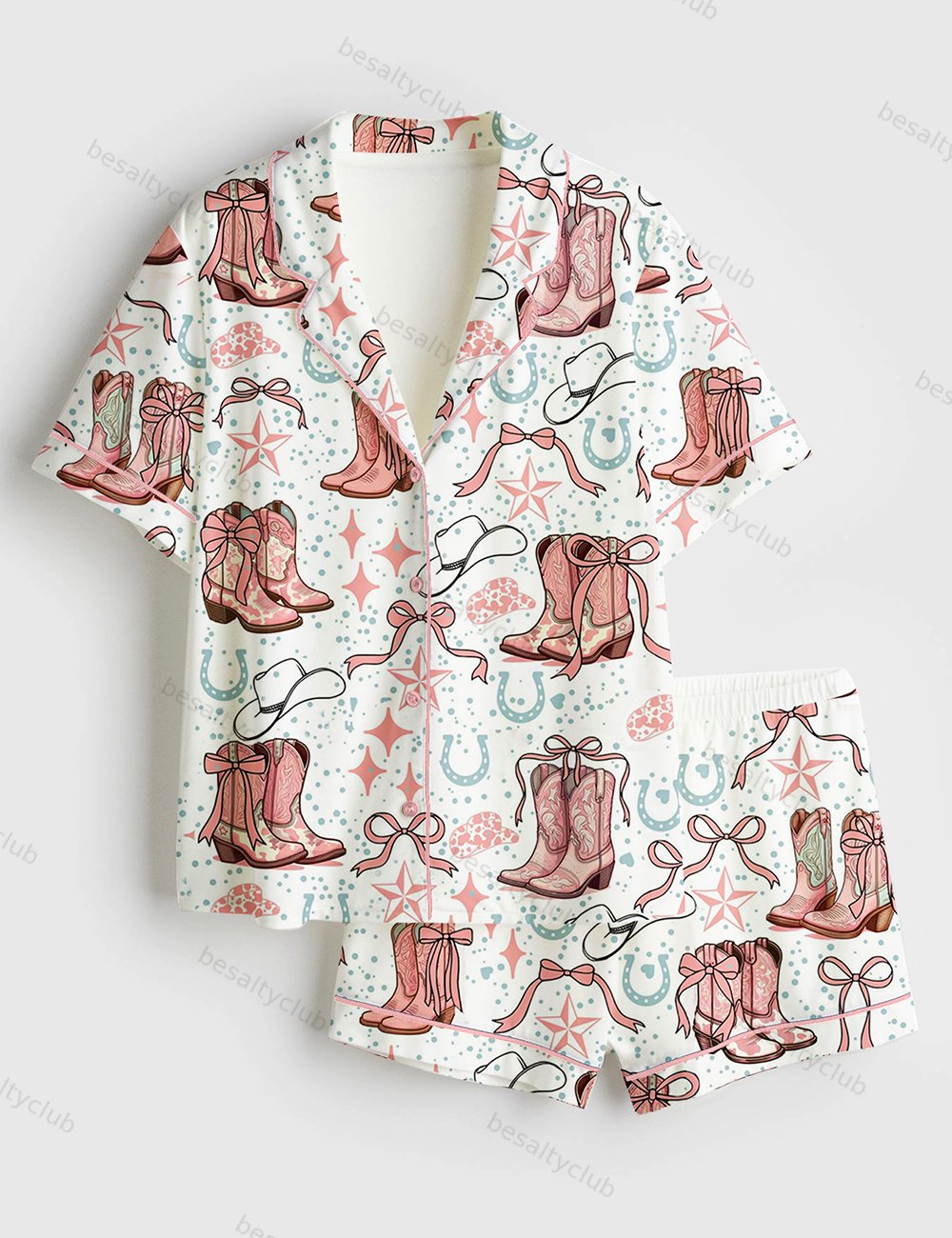 Coquette Cowgirl Boots And Bows Western Short Sleeve Satin Pajama Set