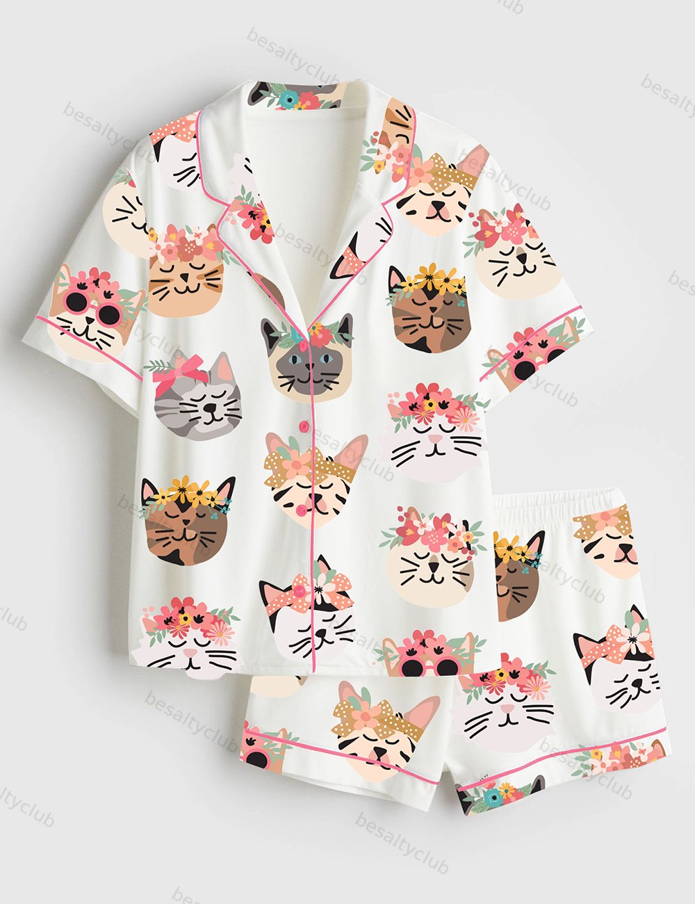 Flower Cat Short Sleeve Satin Pajama Set