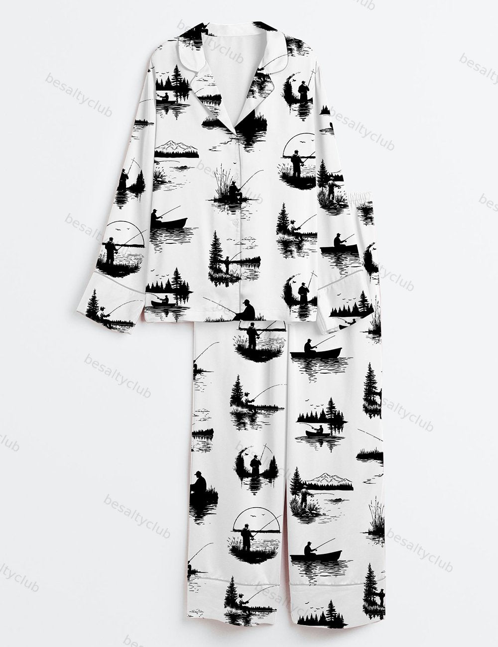 Man Fishing Lake Fisherman Silhouette Outdoor Fishing Relaxing Nature Long Sleeve Satin Pajama Set