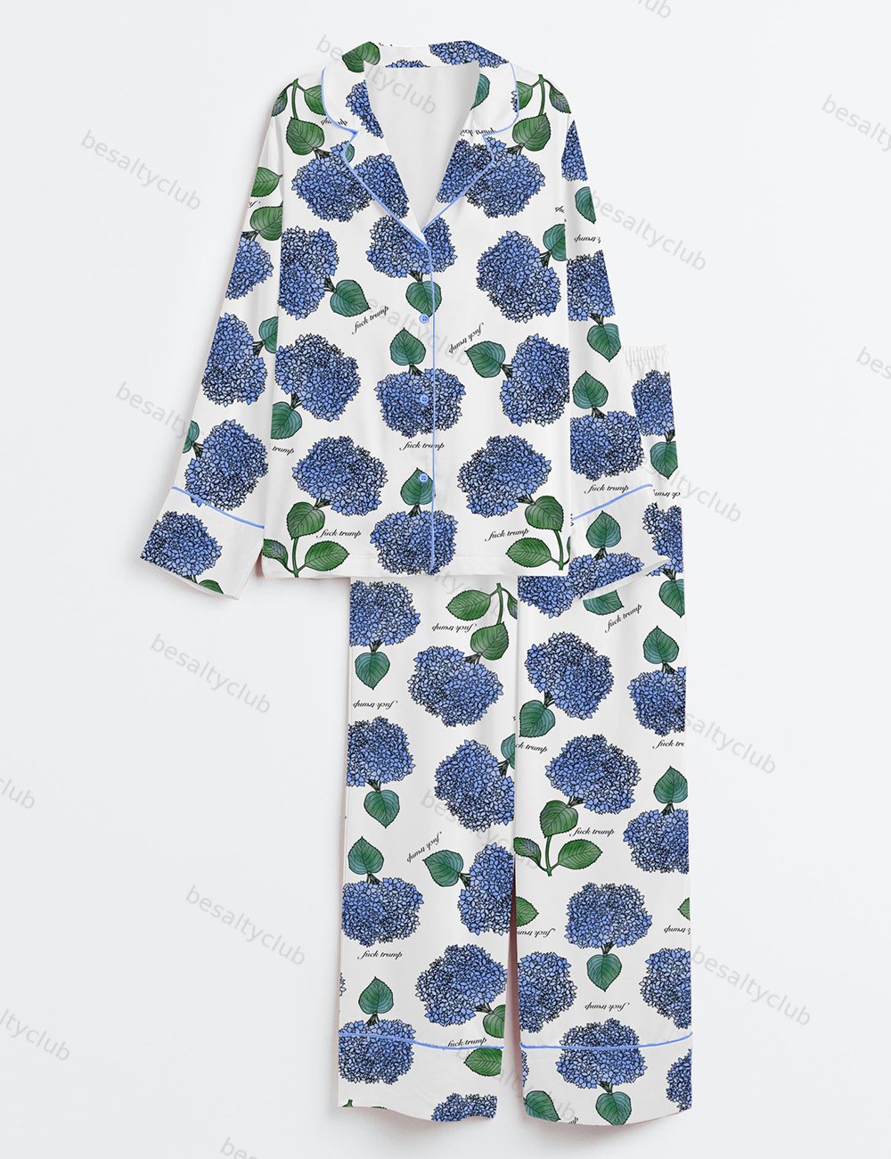 Hydrangea Floral Blue Flower Political Gag Gift Long Sleeve Satin Pajama Set