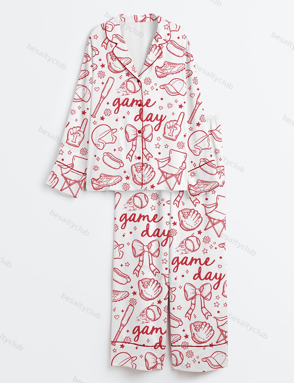 Baseball Game Day Coquette Hand Drawn Doodle Print Long Sleeve Satin Pajama Set
