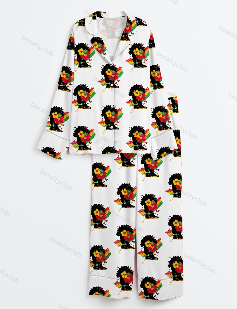 Afro Messy Bun Juneteenth Black Woman Freedom Long Sleeve Satin Pajama Set