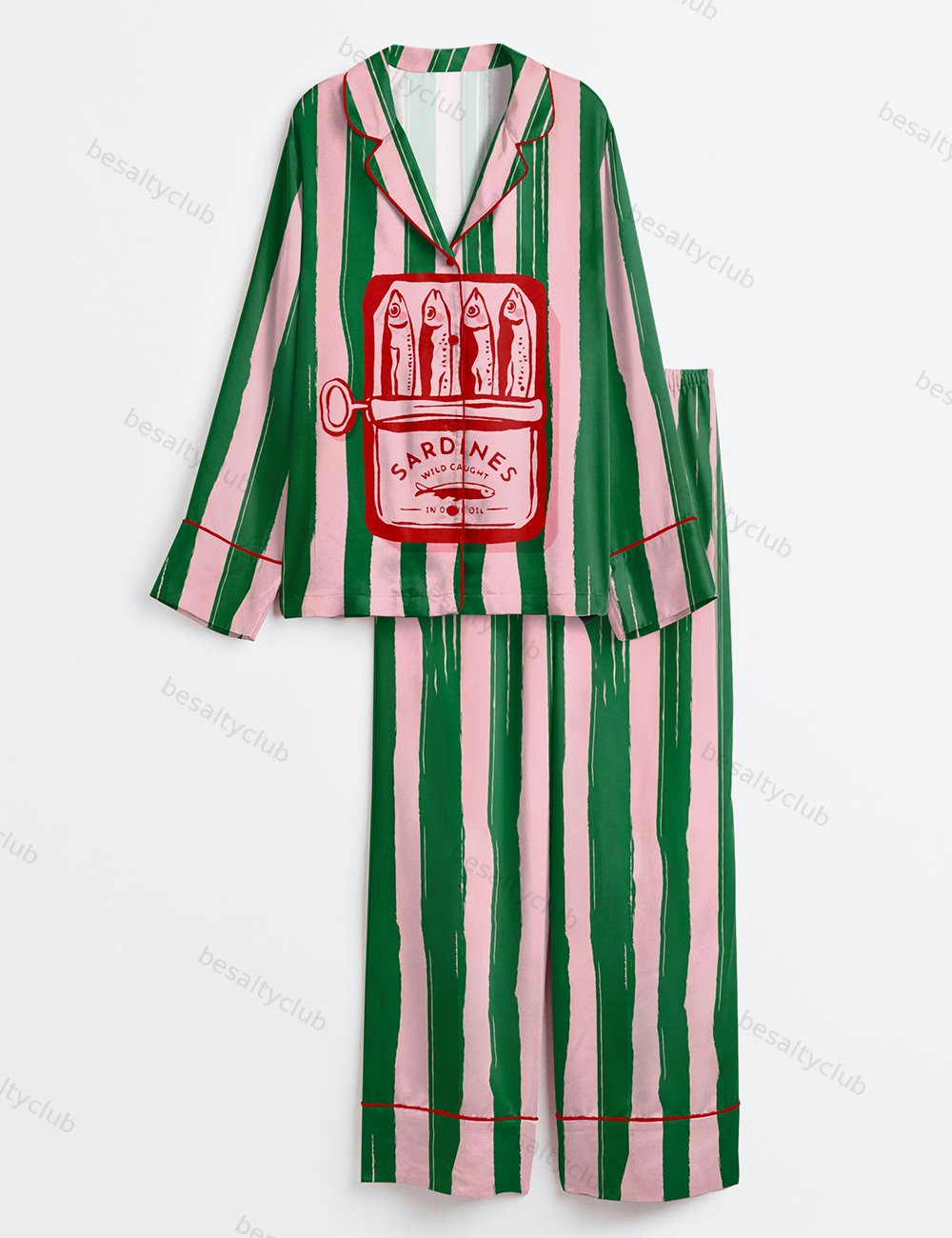 Sardines Summer Beach Aesthetic Sardines Girly Summer Ocean Beach Art Print Long Sleeve Satin Pajama Set