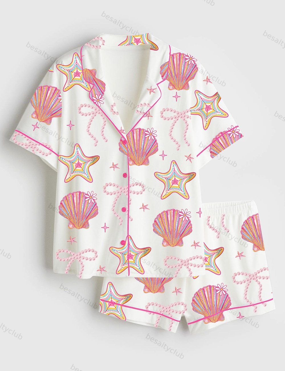 Summer Clam Coquette Bow Summer Vibes Pink Clam Summer Beach Short Sleeve Satin Pajama Set