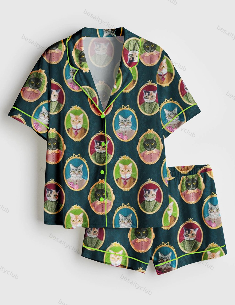 Colorful Cat Cameos Short Sleeve Satin Pajama Set