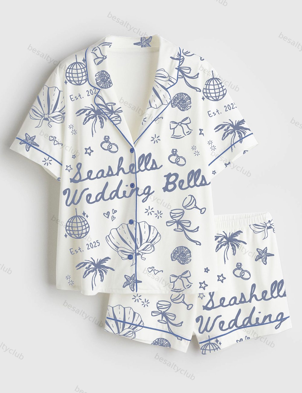 Seashells And Wedding Bells Bachelorette Beach Bachelorette Seashell Hens Party Print Short Sleeve Satin Pajama Set