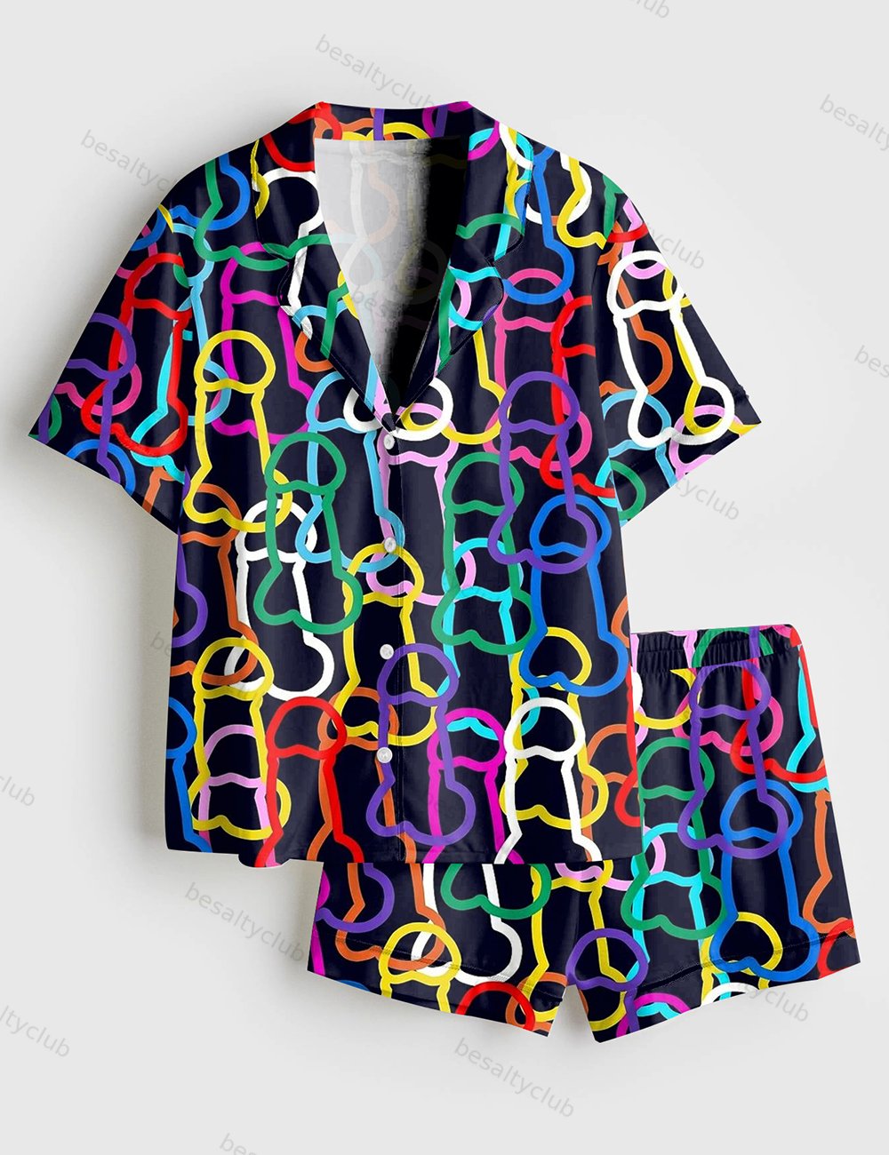 LGBTQ Gay Pride Rainbow Funny Graffiti Penis Line Art Print Short Sleeve Satin Pajama Set