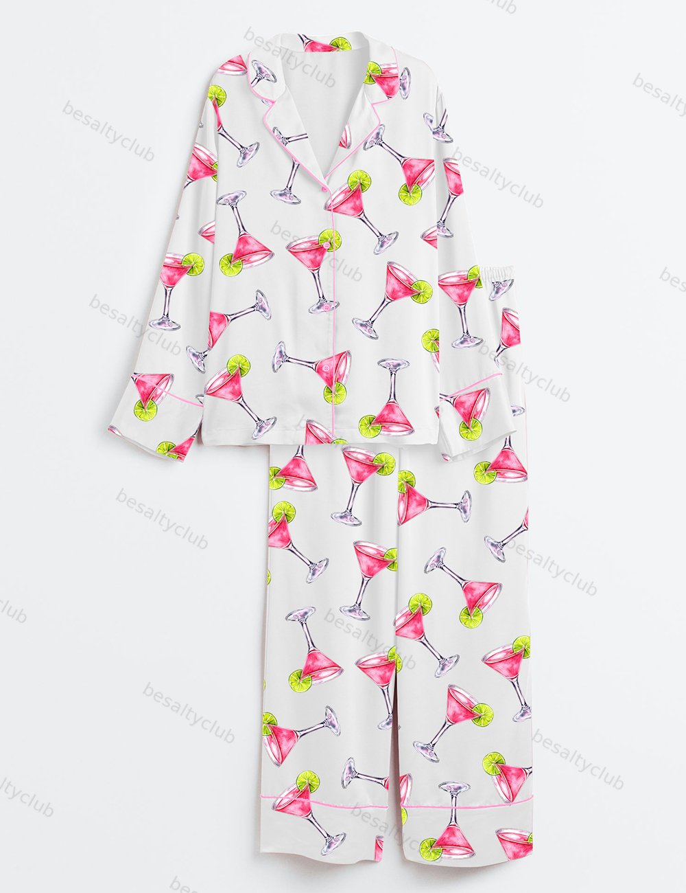 Pink Cosmopolitan Cocktail Cosmo Drink Weddings & Parties Long Sleeve Satin Pajama Set