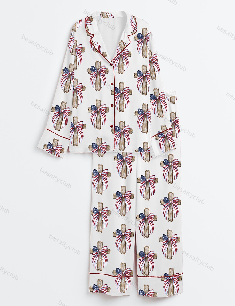 Patriotic Cross Christian 4th Of July Long Sleeve Satin Pajama Set