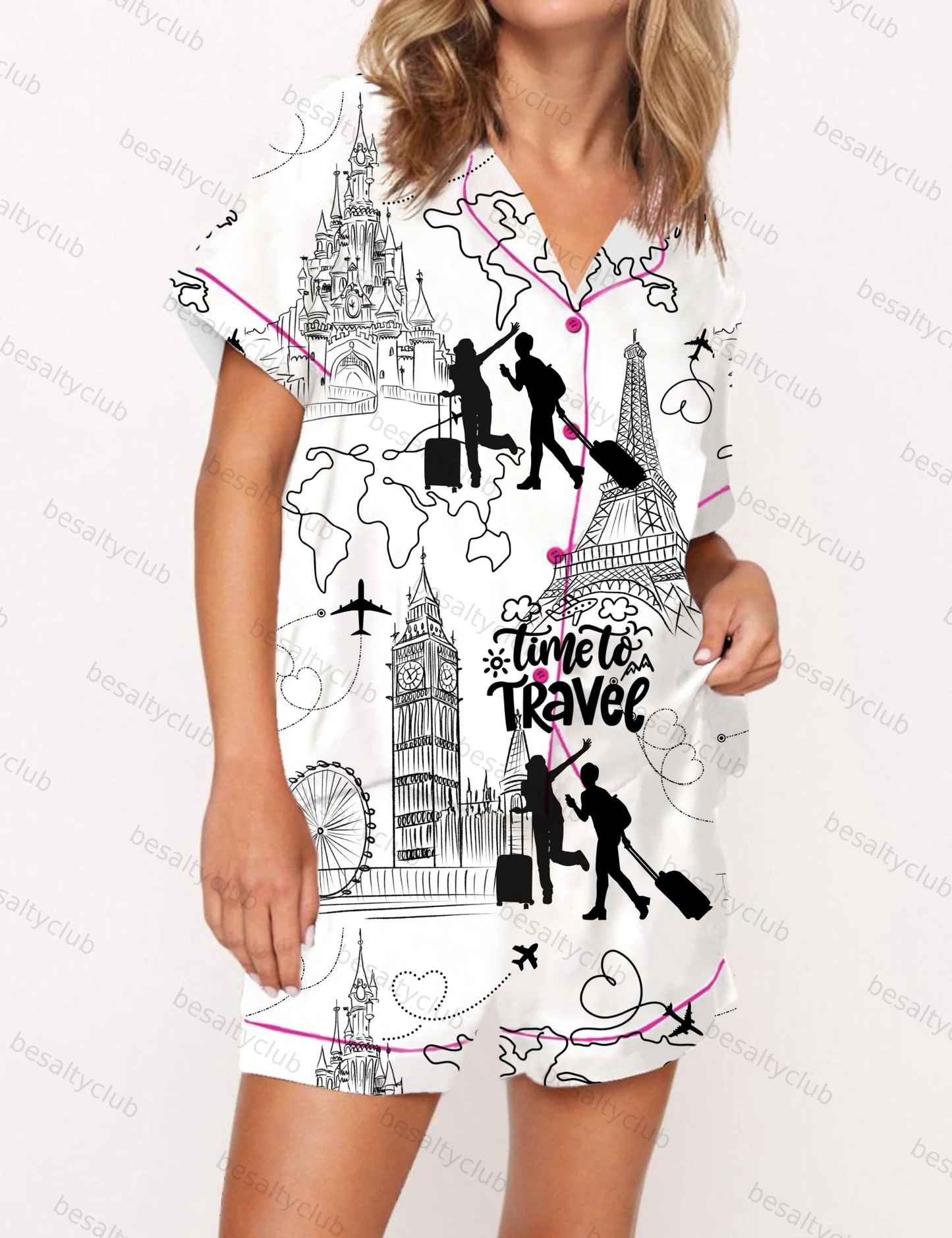 Time To Travel Silky Satin Pajama Short Set