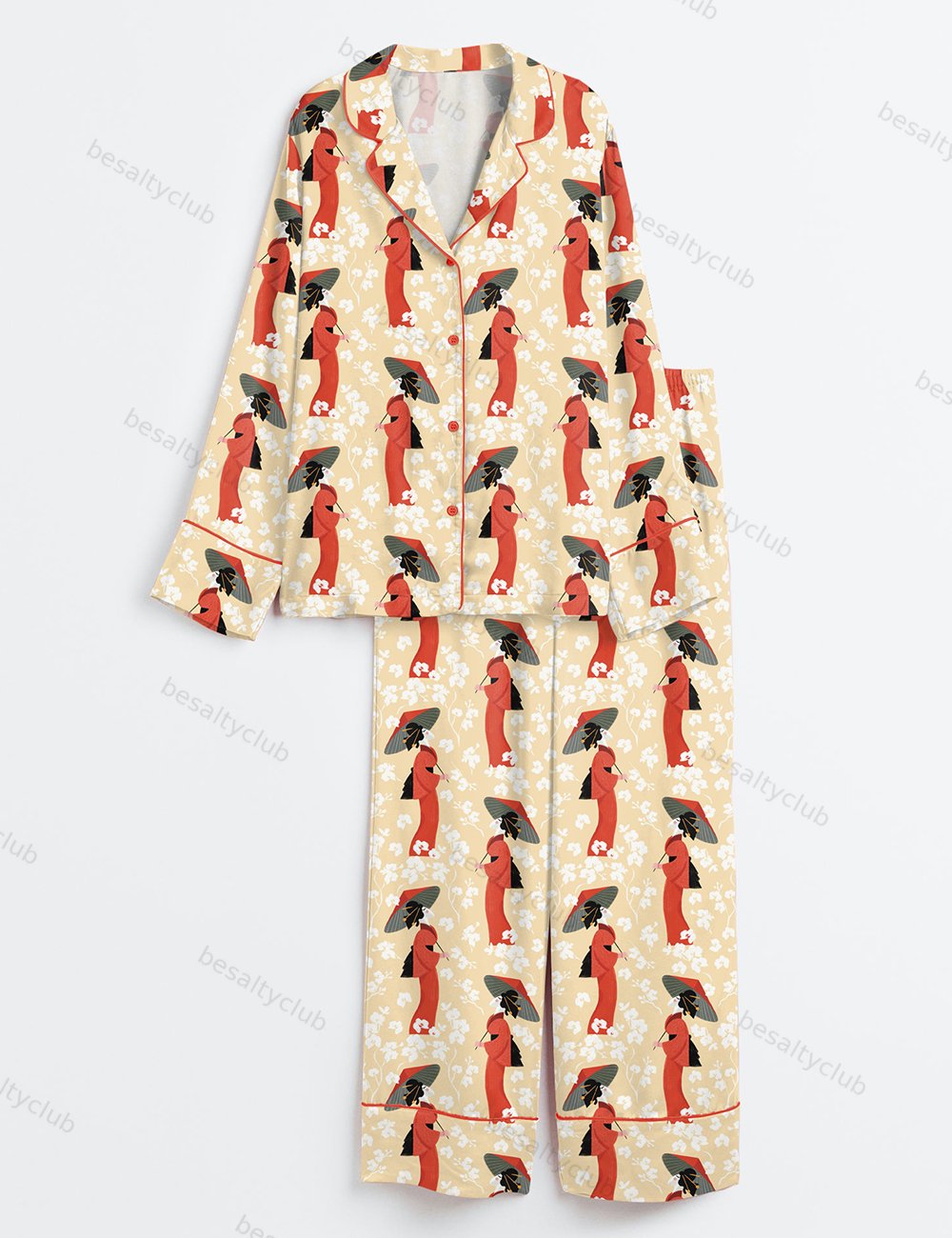 Tokyo Sights Japanese Kimonos And Traditional Umbrellas Long Sleeve Satin Pajama Set