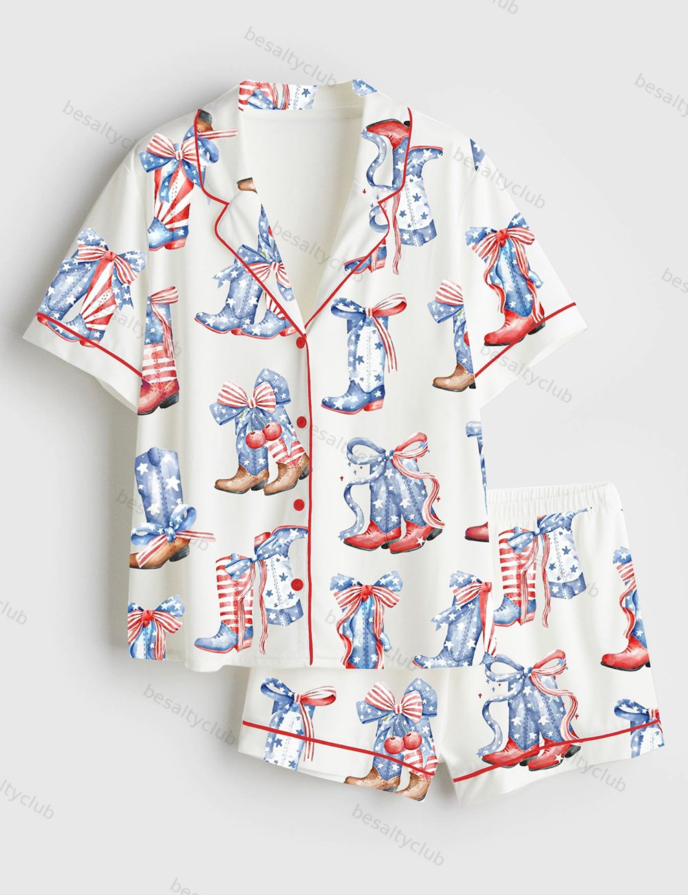Western American Girl Boots Coquette Boots 4th Of July Short Sleeve Satin Pajama Set
