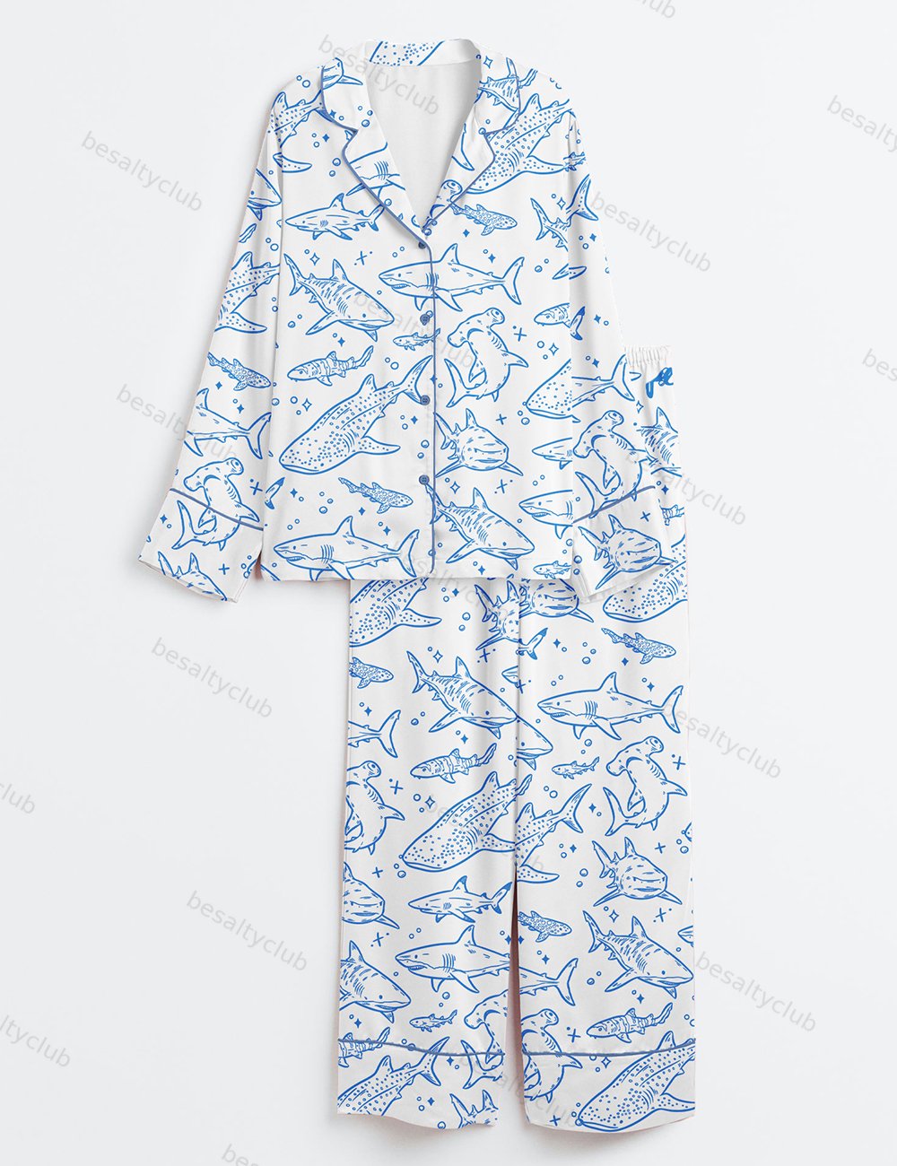 Shark Respect The Locals Hand Drawn Shark Summer Beach Travel Print Long Sleeve Satin Pajama Set