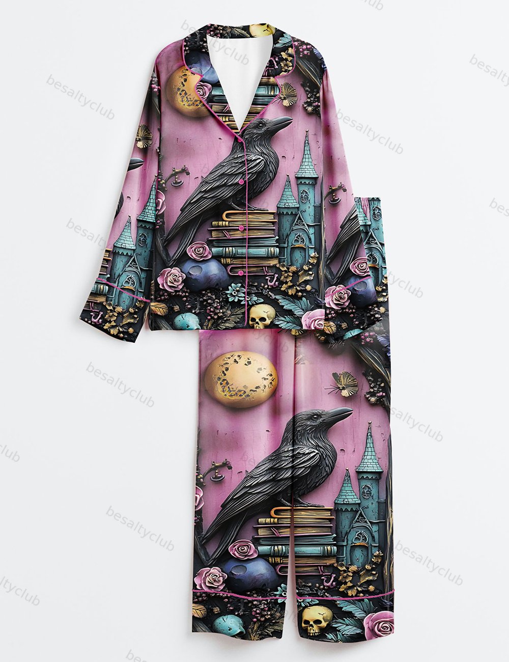 Gothic Purple Bookshelf Dark Academia Witch Skull Floral Book Lover Long Sleeve Satin Pajama Set