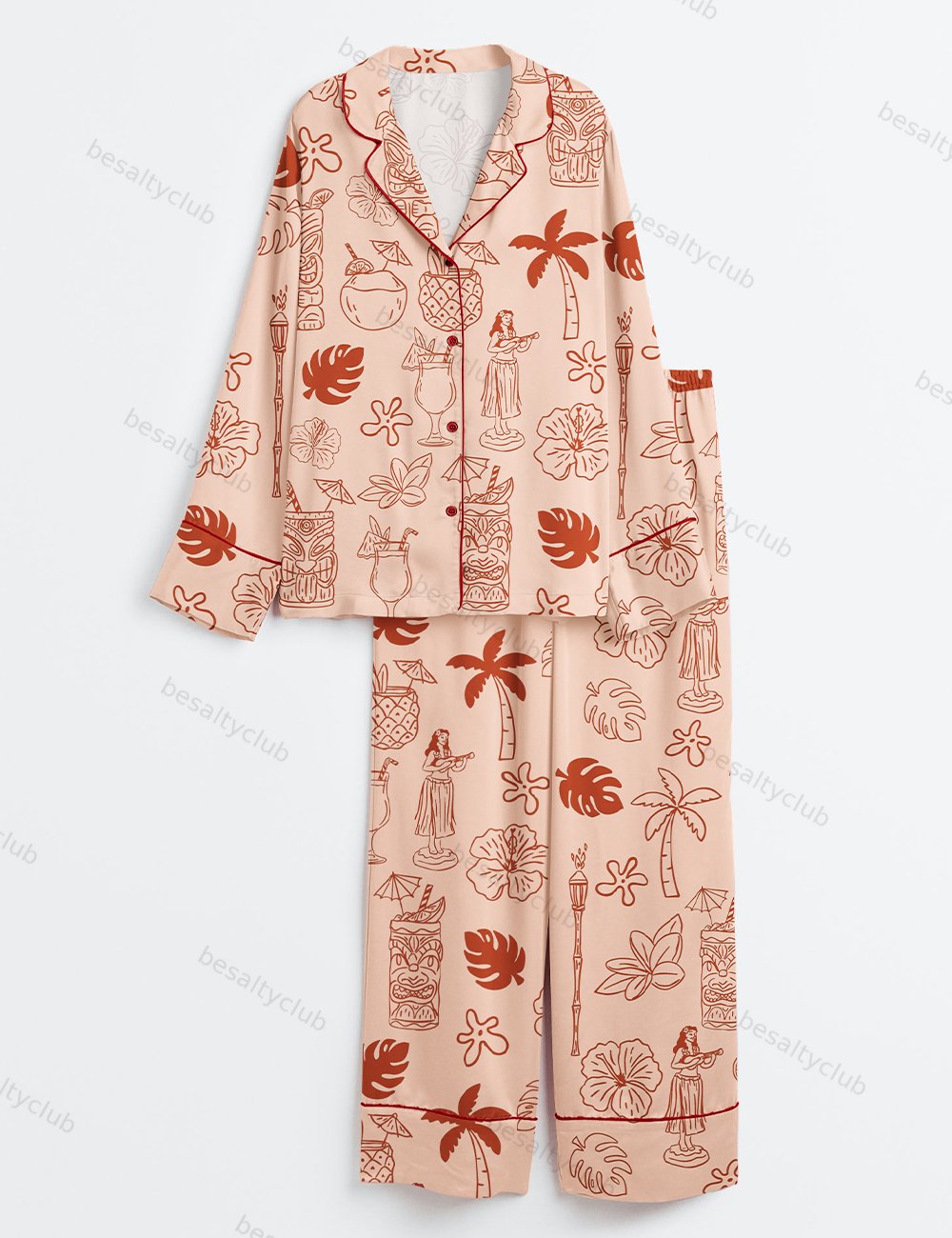 Hand Drawn Tiki And Tropical Drinks Luau Party Print Long Sleeve Satin Pajama Set