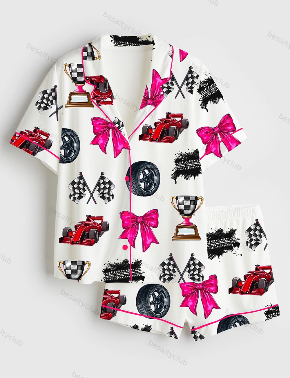 Race Coquette Bow Racing Flag Short Sleeve Satin Pajama Set