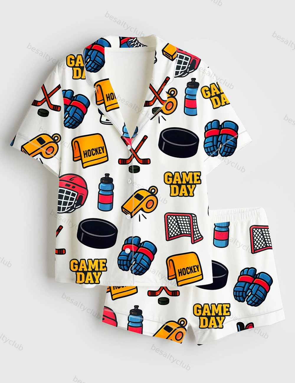 Hockey Sports Game Day School Sport Hockey Print Short Sleeve Satin Pajama Set