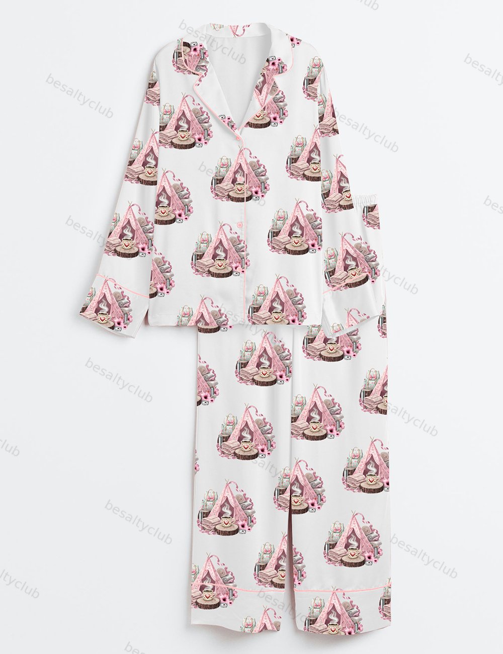 Girl Camping Tent Campfire Coffee Camping Outdoors Camper Print Long Sleeve Satin Pajama Set