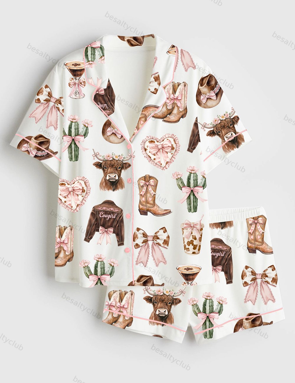 Coquette Cowgirl Howdy Highland Cow Print Short Sleeve Satin Pajama Set