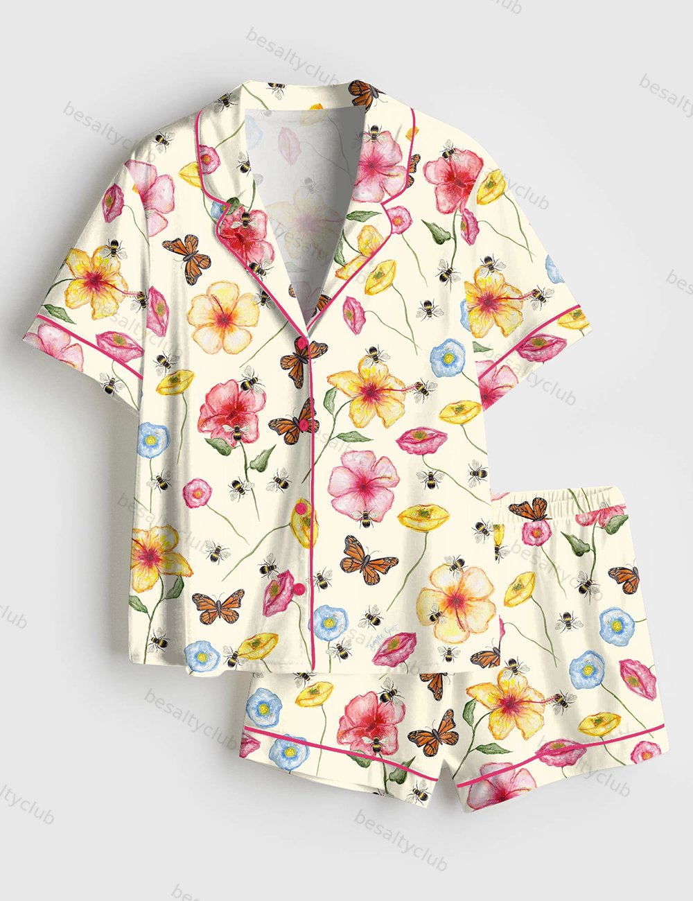 The Butterflies And Bees Print Short Sleeve Satin Pajama Set