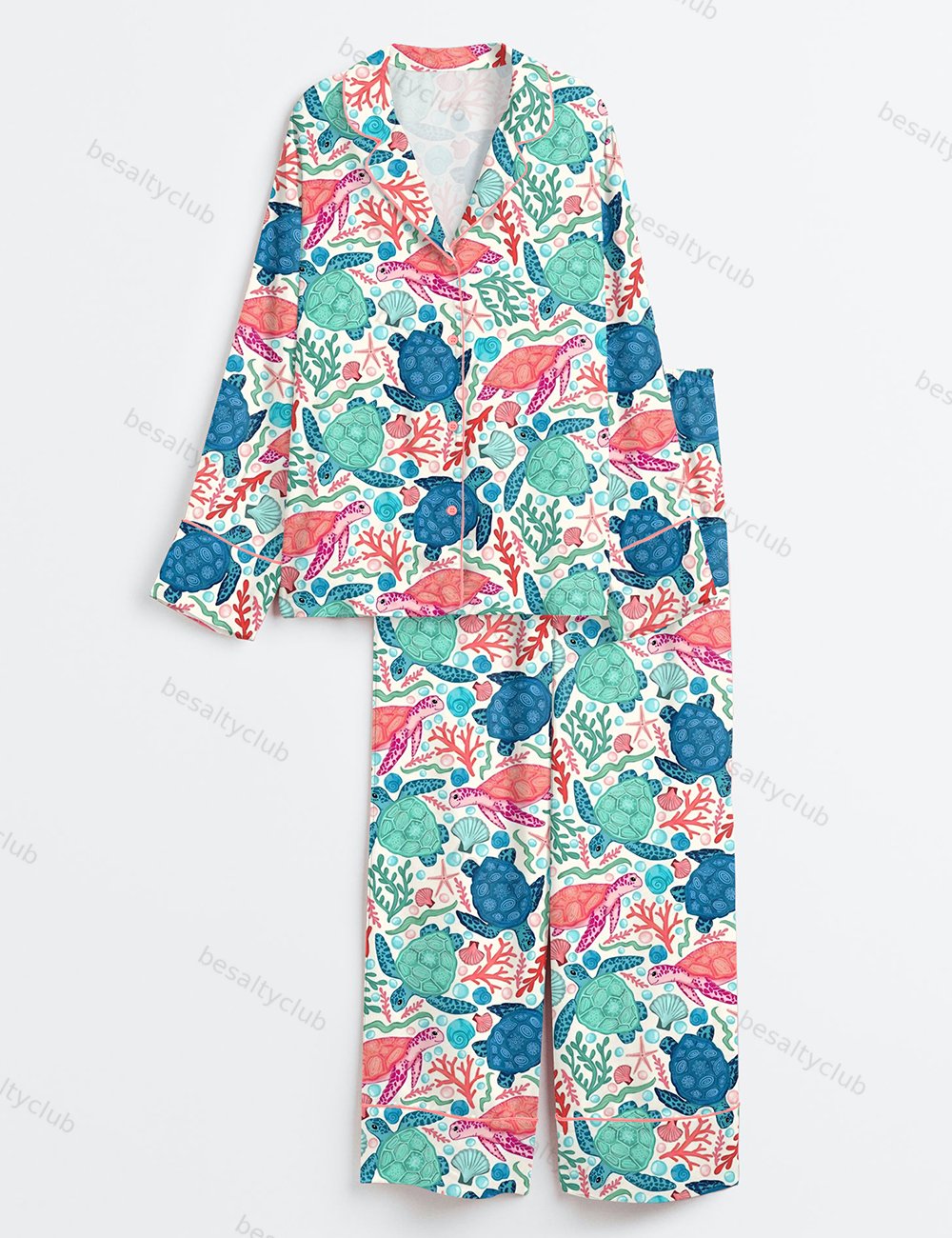 Seaturtles Summer Beach Pattern Long Sleeve Satin Pajama Set