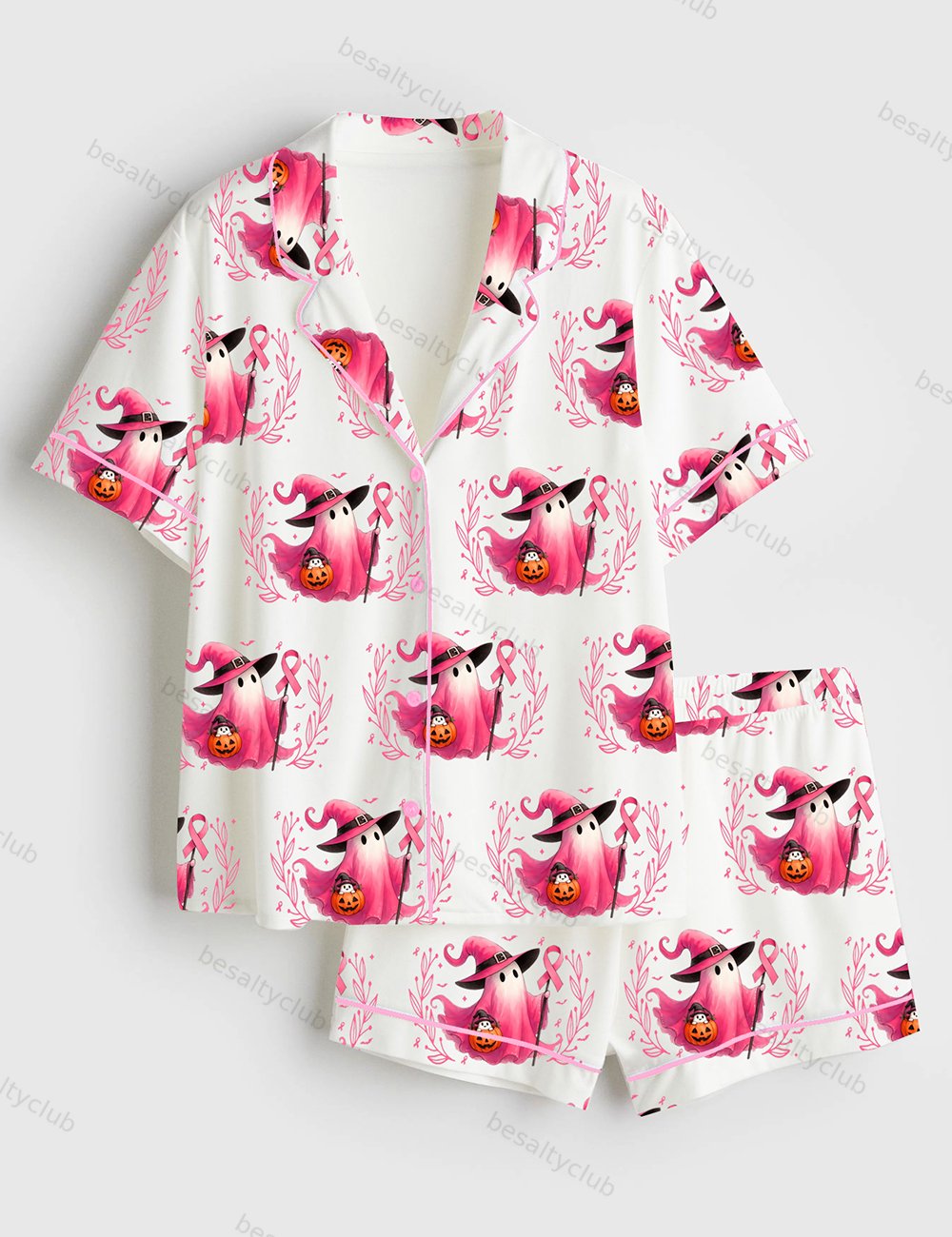 In October We Wear Pink Breast Cancer Awareness Short Sleeve Satin Pajama Set