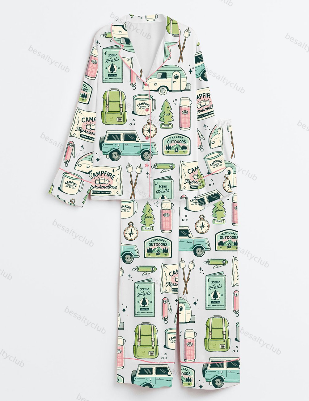 Outdoorsy Camping Supplies Long Sleeve Satin Pajama Set