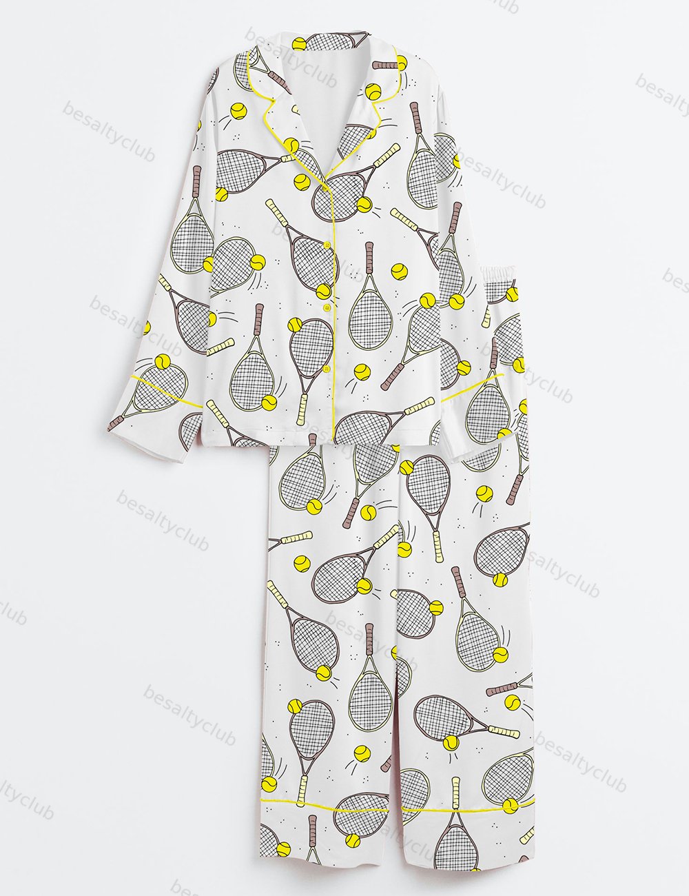 Tennis And Tennis Ball Racket Long Sleeve Satin Pajama Set