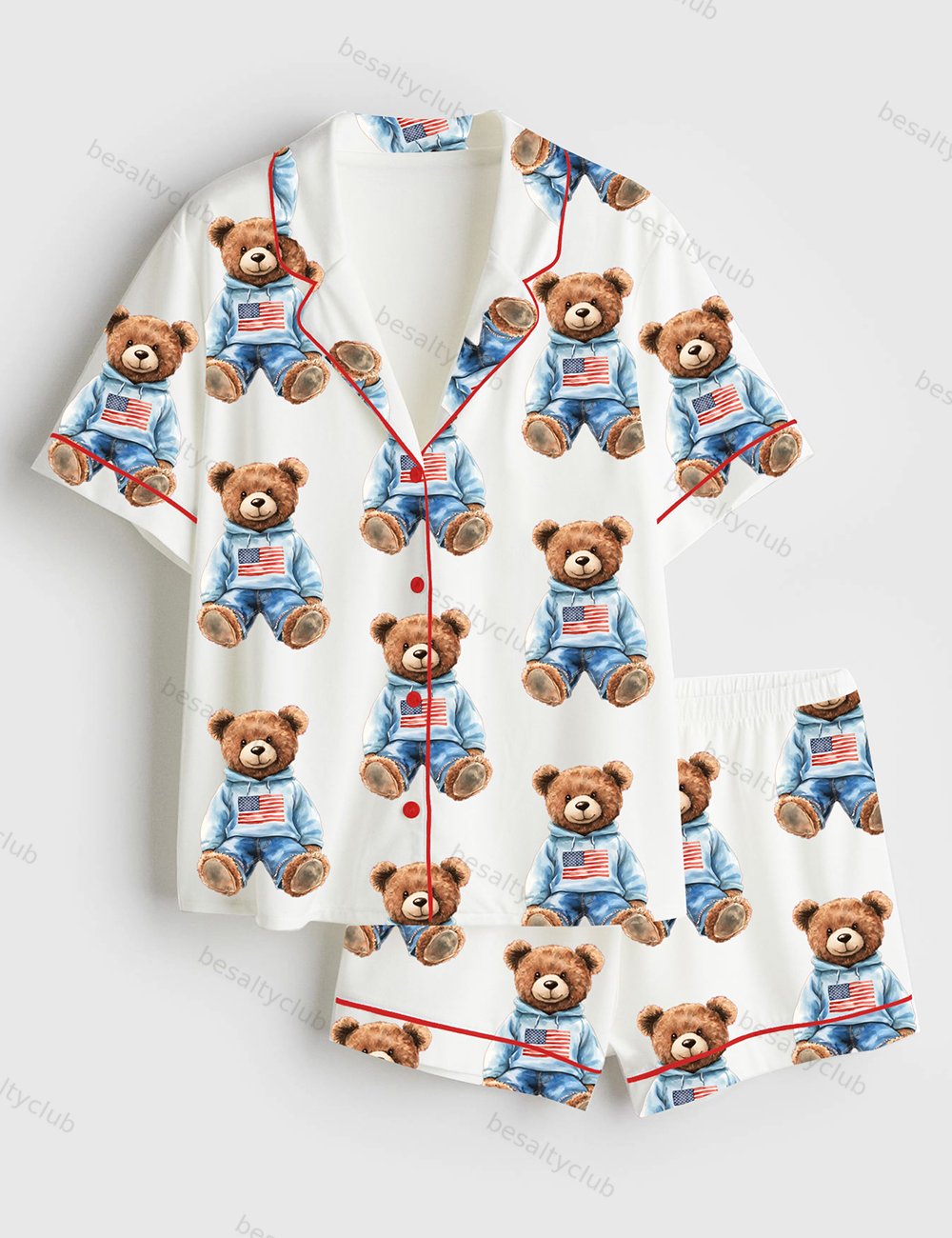 4th Of July Watercolor Bear Short Sleeve Satin Pajama Set