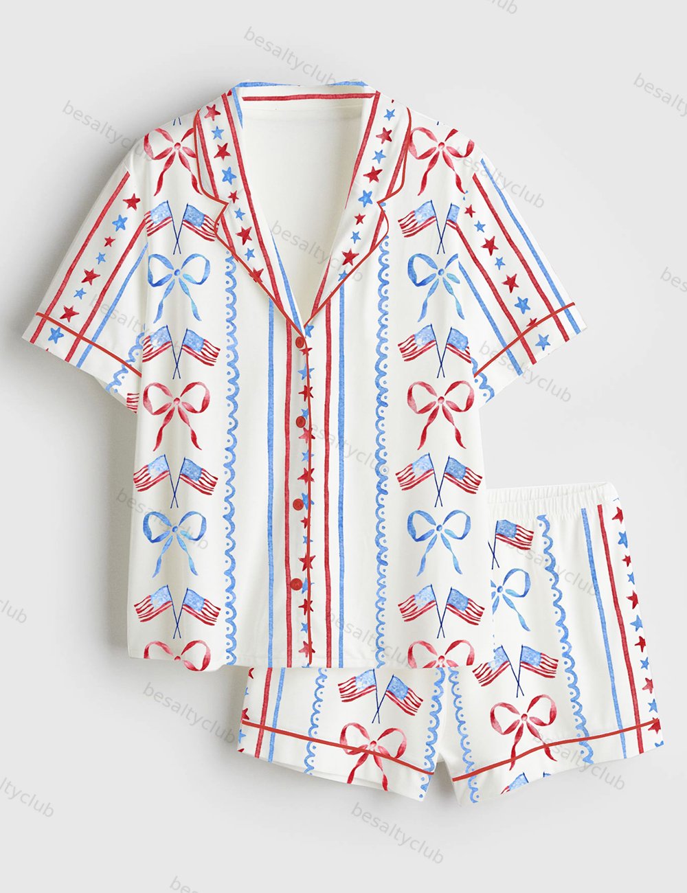 Red White And Blue Bow And Flag 4th Of July Short Sleeve Satin Pajama Set