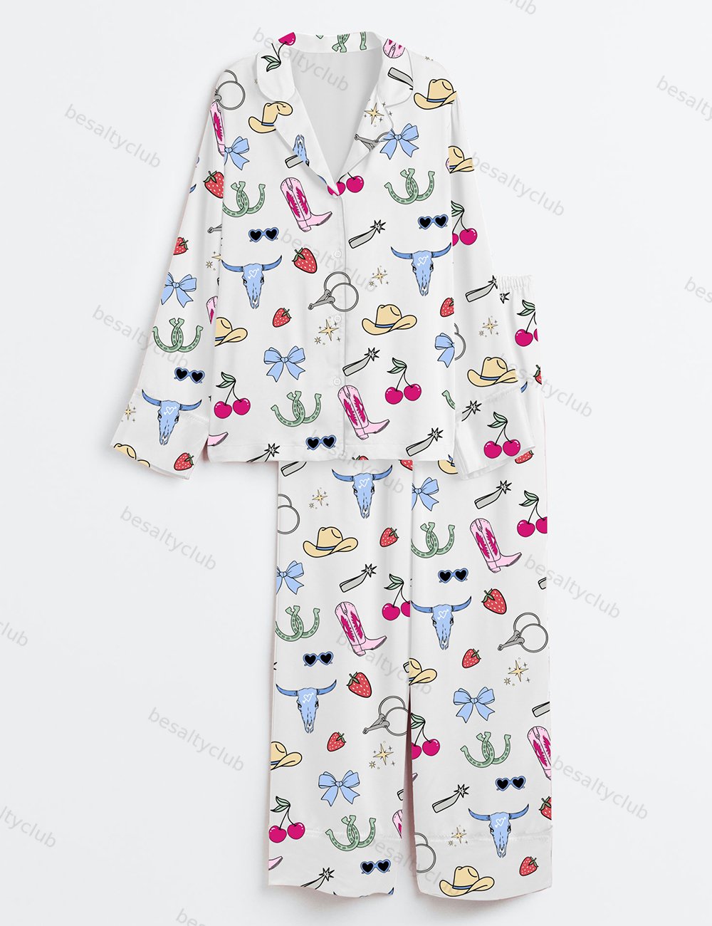 Wild West Sassy Cowgirl Boots Coquette Cowgirl Western Country Music Long Sleeve Satin Pajama Set