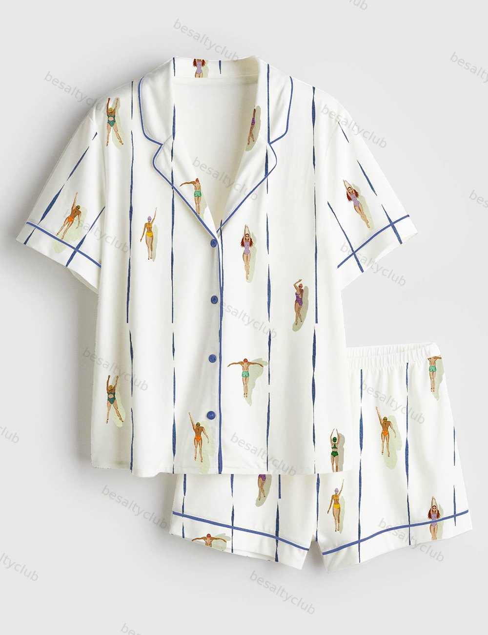 People Swimming In Pool Summer Minimalist Tiny Swimmers Print Short Sleeve Satin Pajama Set