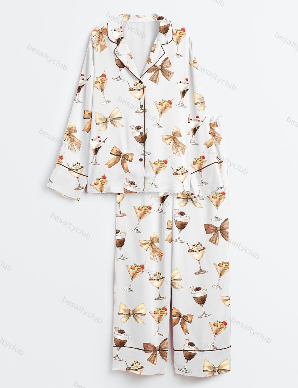 Coquette Bow Espresso Martini Cocktail Lover Long Sleeve Satin Pajama Set