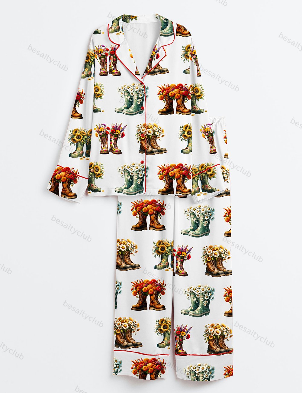 Spring Flowers Garden Boots Long Sleeve Satin Pajama Set