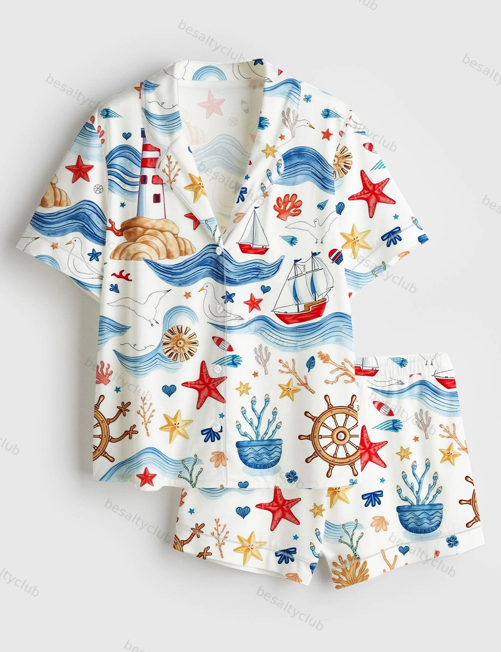 Sea Maritime Independence Day The 4th Of July Red White Blue Short Sleeve Satin Pajama Set