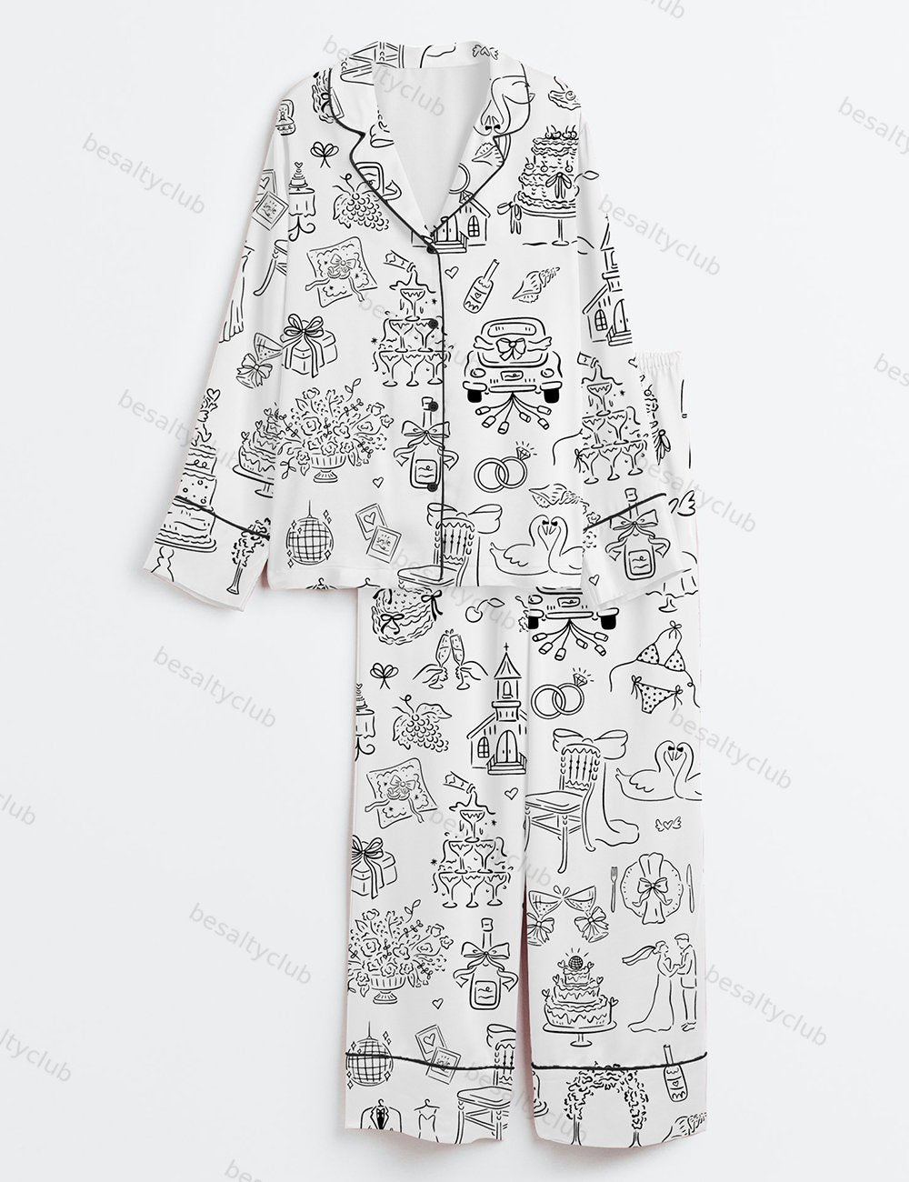 Hand Drawn Whimsical Wedding Illustrations Long Sleeve Satin Pajama Set