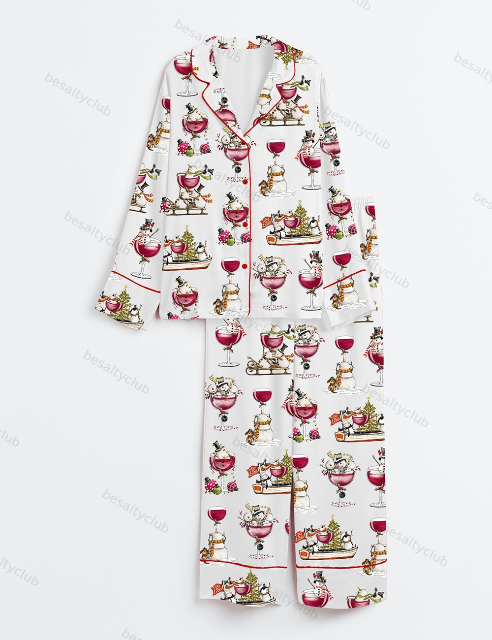 Christmas Winey Snowman Long Sleeve Satin Pajama Set