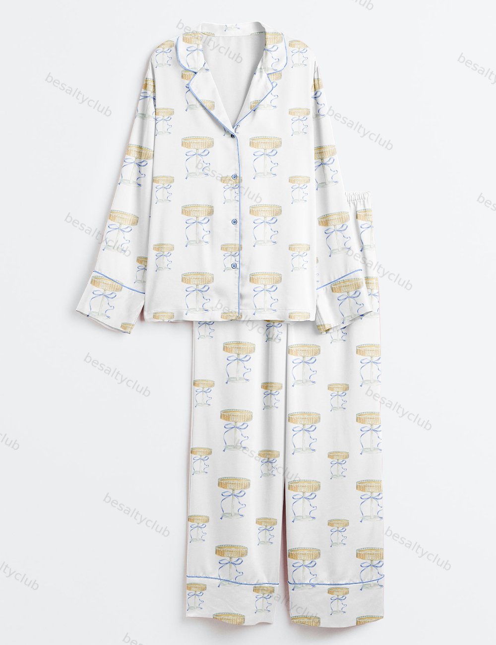 Elegant Blue Bow And Champagne Long Sleeve Satin Pajama Set