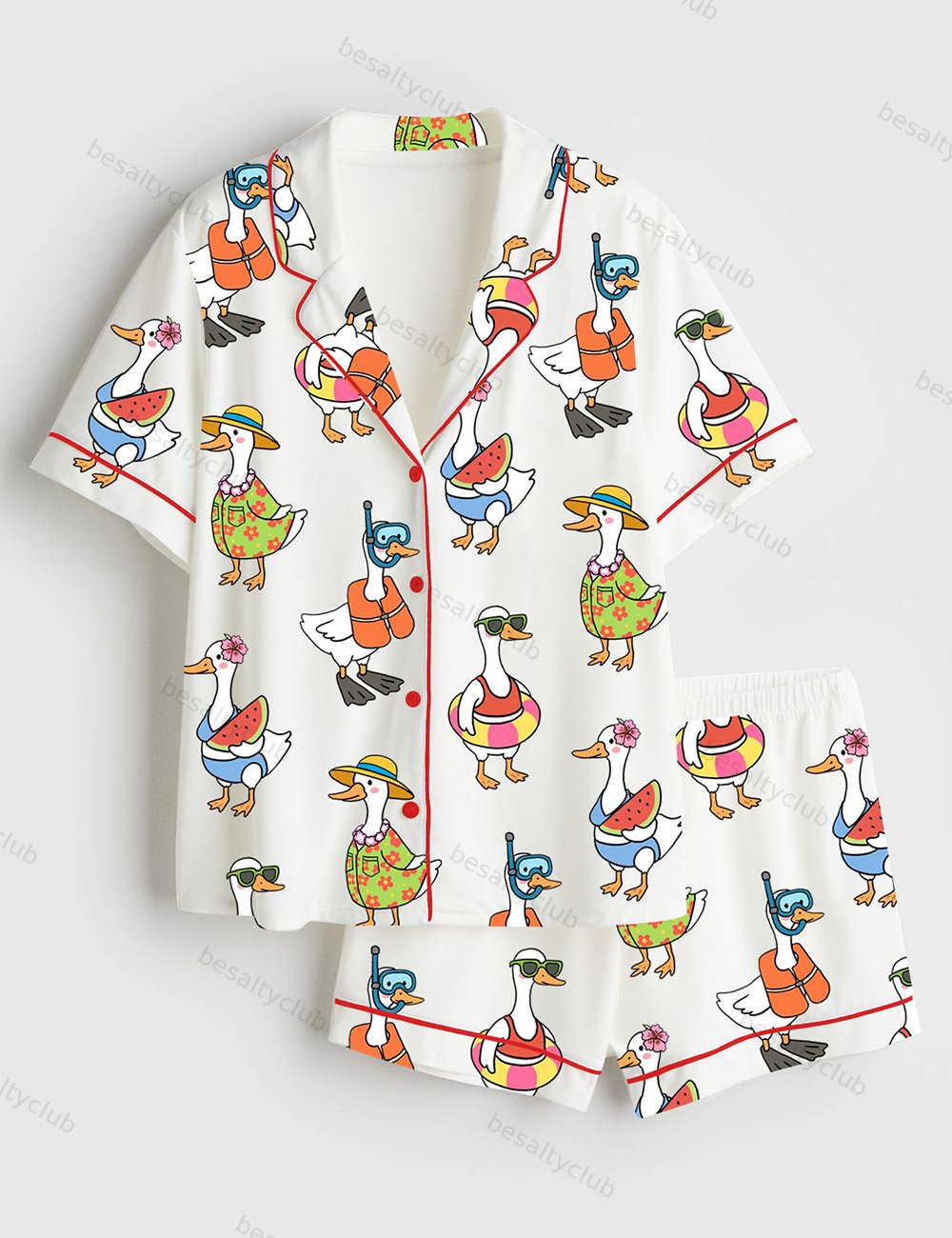 Just A Silly Goose Summer Cute Retro Goose Print Short Sleeve Satin Pajama Set
