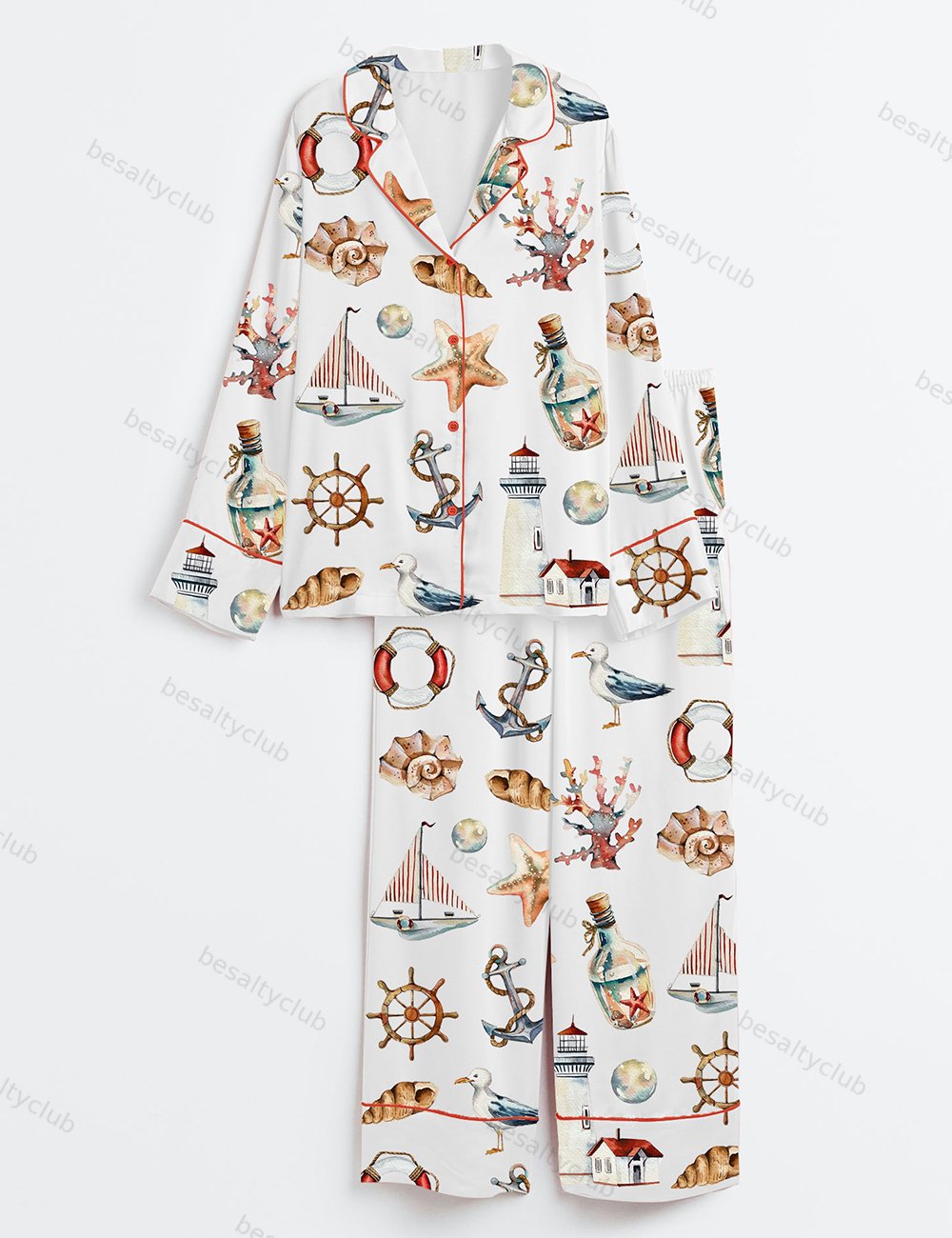 Watercolor Sea Illustrations Long Sleeve Satin Pajama Set