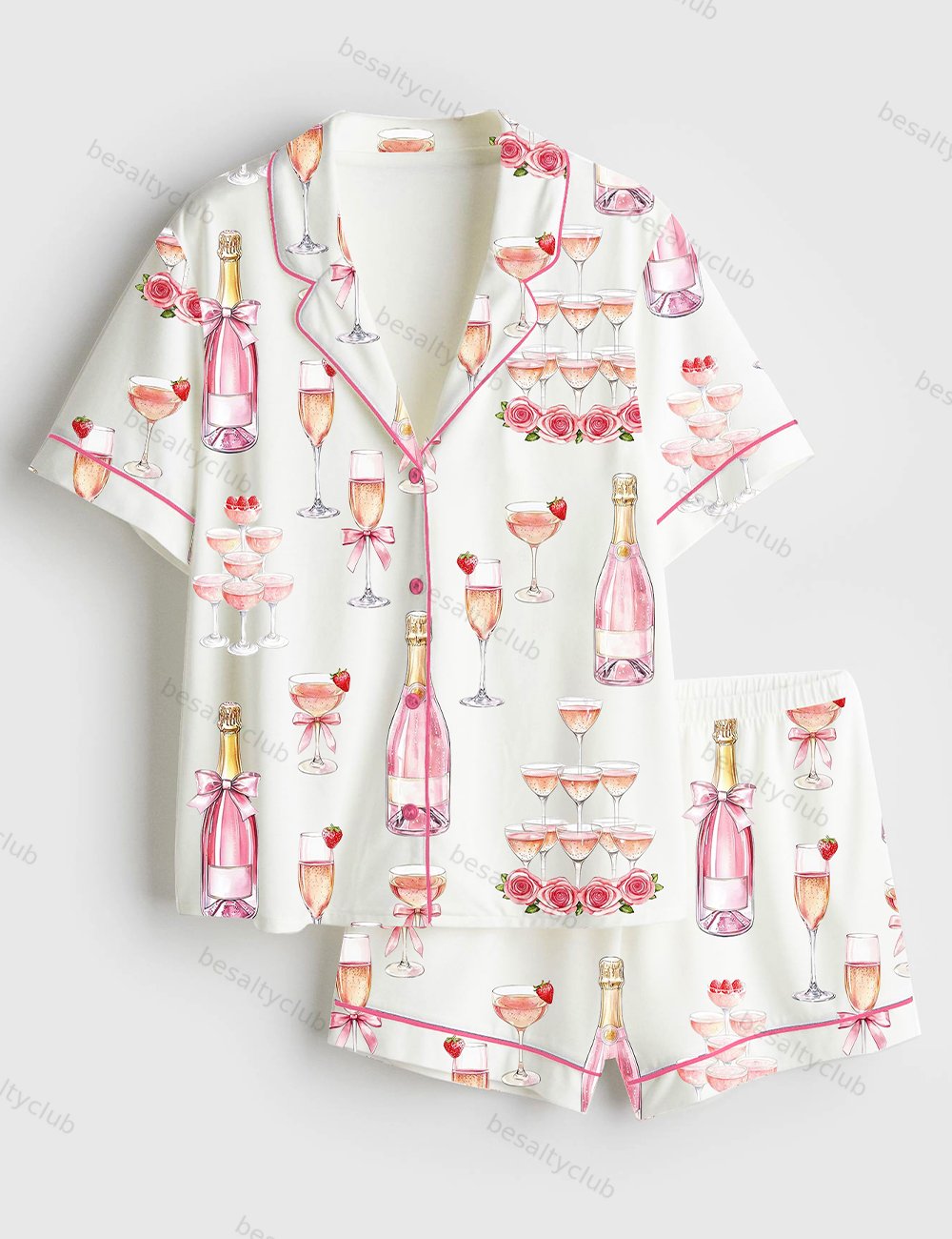 Pink Champagne Bridal Shower Champagne Tower Celebration Short Sleeve Satin Pajama Set