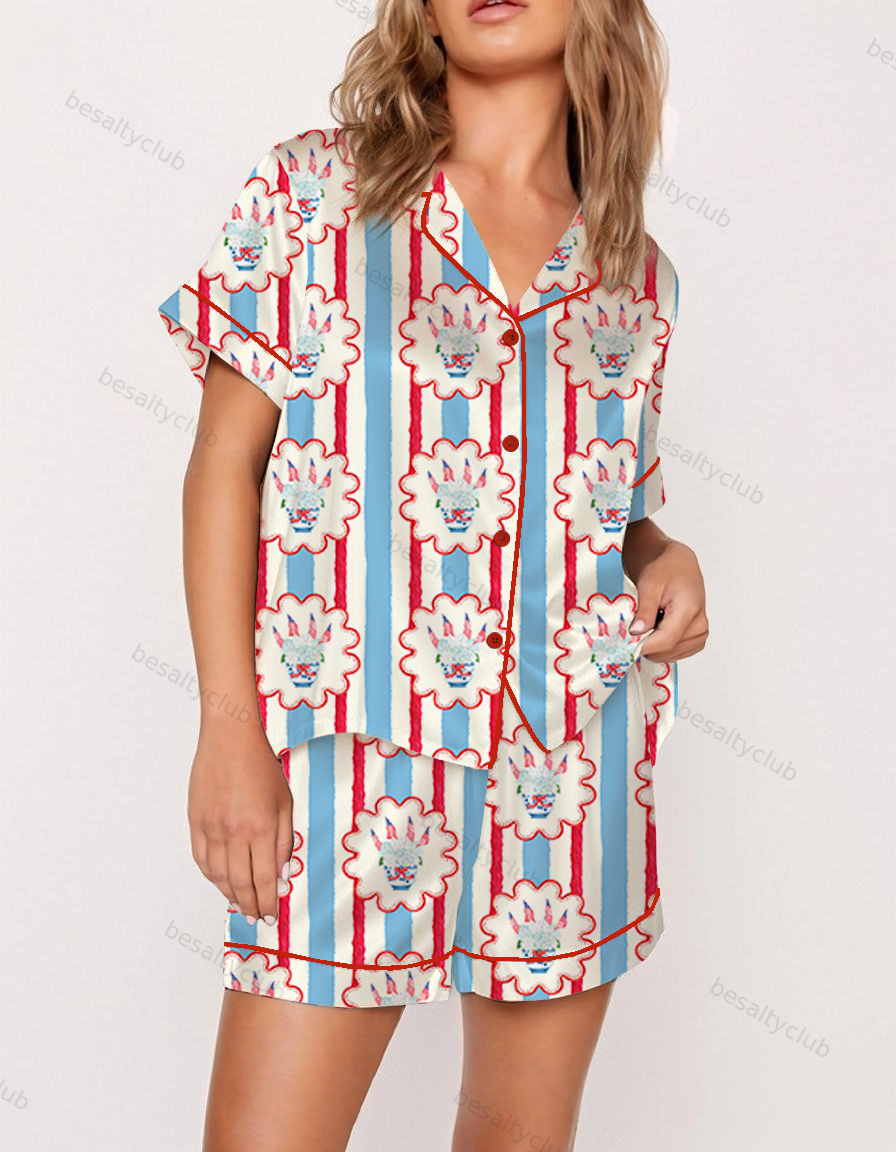 4th of July Hydrangea Vintage Satin Pajama Set