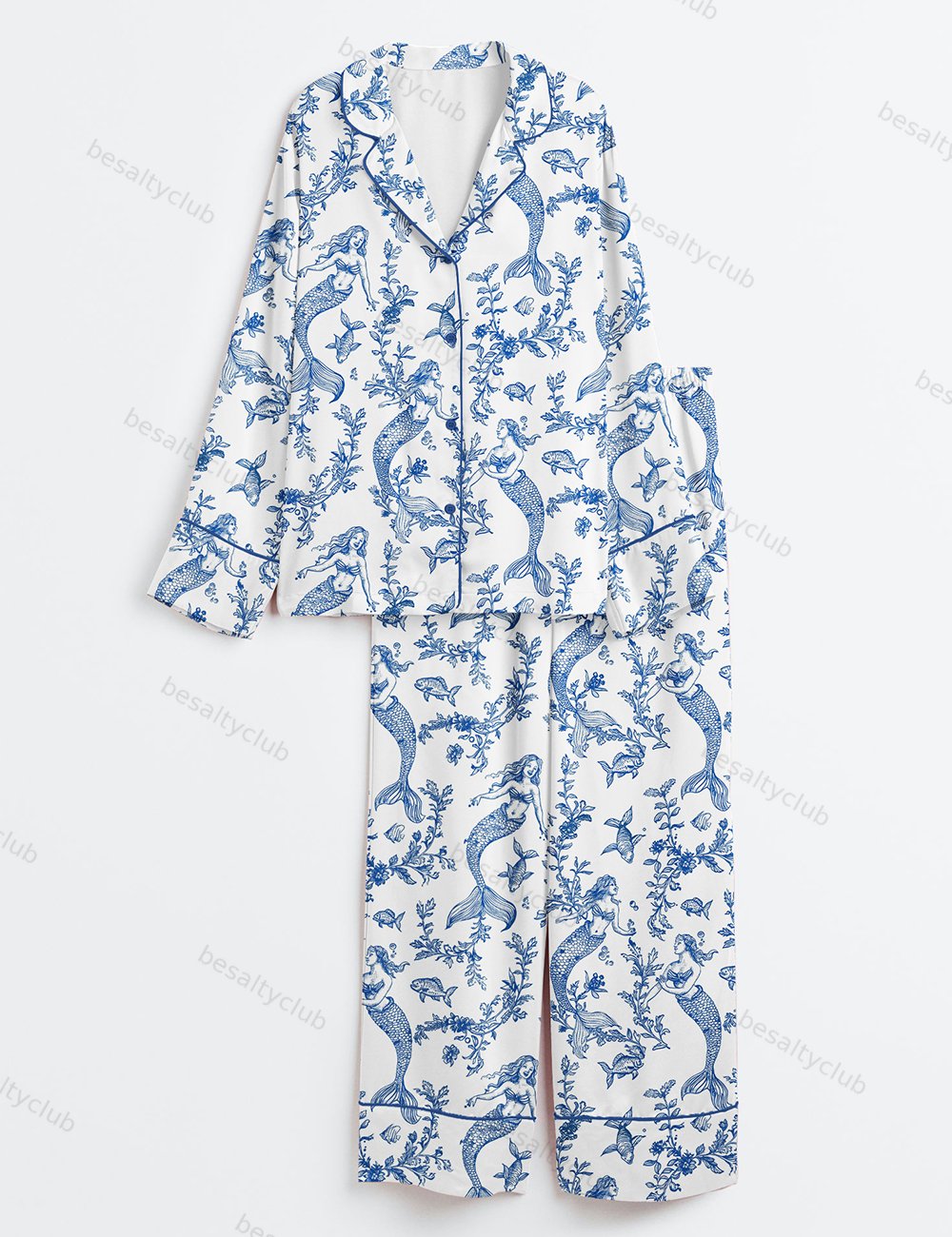 Mermaids Toile de Jouy Print Long Sleeve Satin Pajama Set