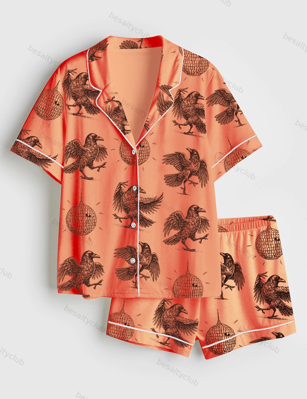 Murder on the Dance Local Murder Vintage Raven Witchy Crow Dark Academia Trendy Short Sleeve Satin Pajama Set