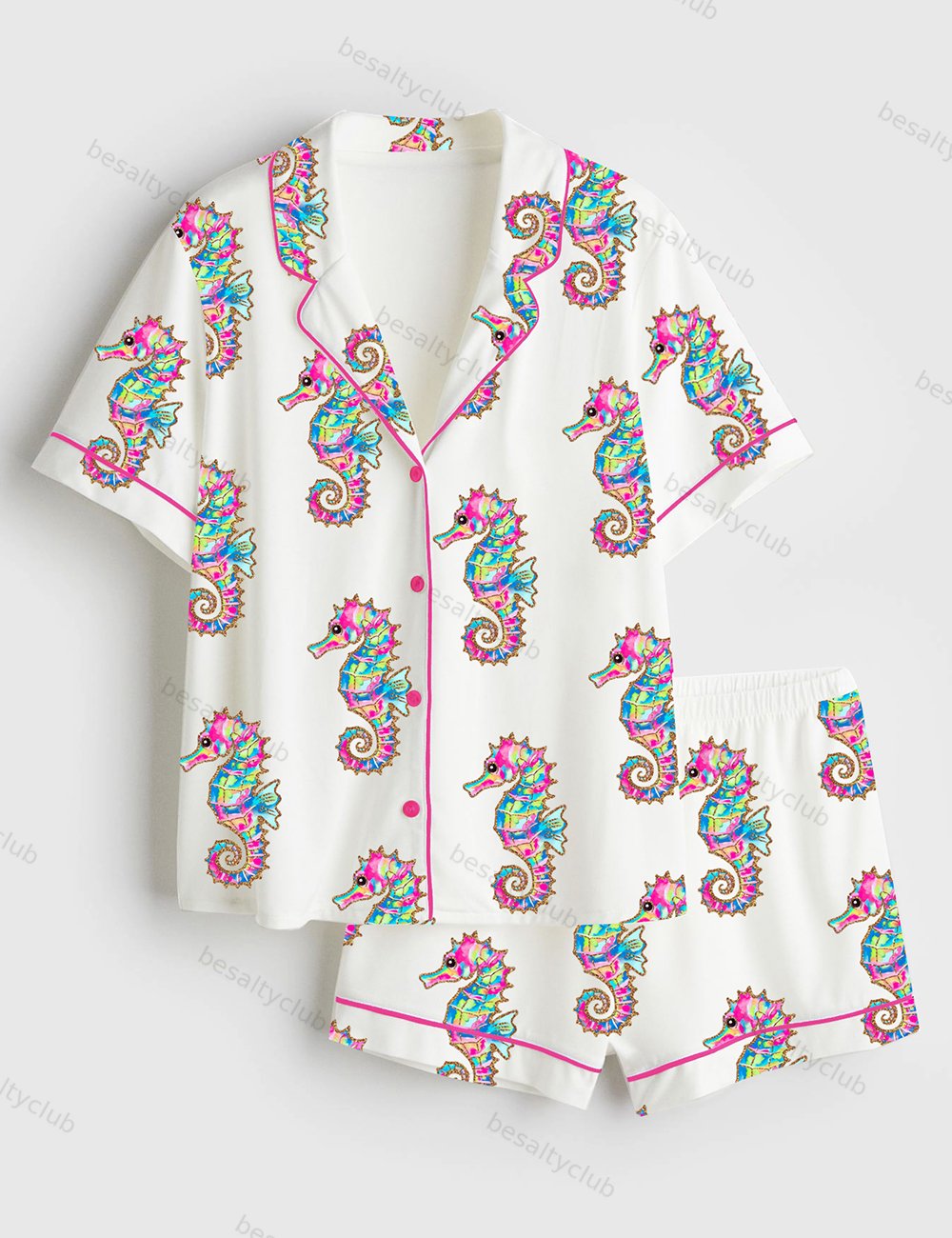 Summer Seahorse Preppy Summer Vibes Neon Beach Coastal Print Short Sleeve Satin Pajama Set