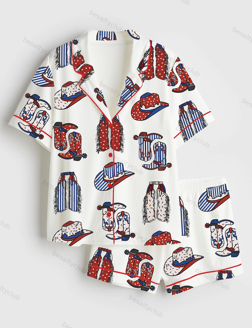 Boots Chaps Cowboy Hats Western 4th Of July Short Sleeve Satin Pajama Set