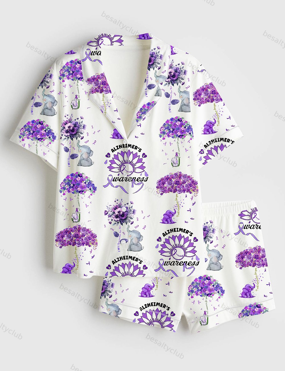 Alzheimer's Awareness Purple Ribbon Alzheimer's Support Purple Flowers Short Sleeve Satin Pajama Set