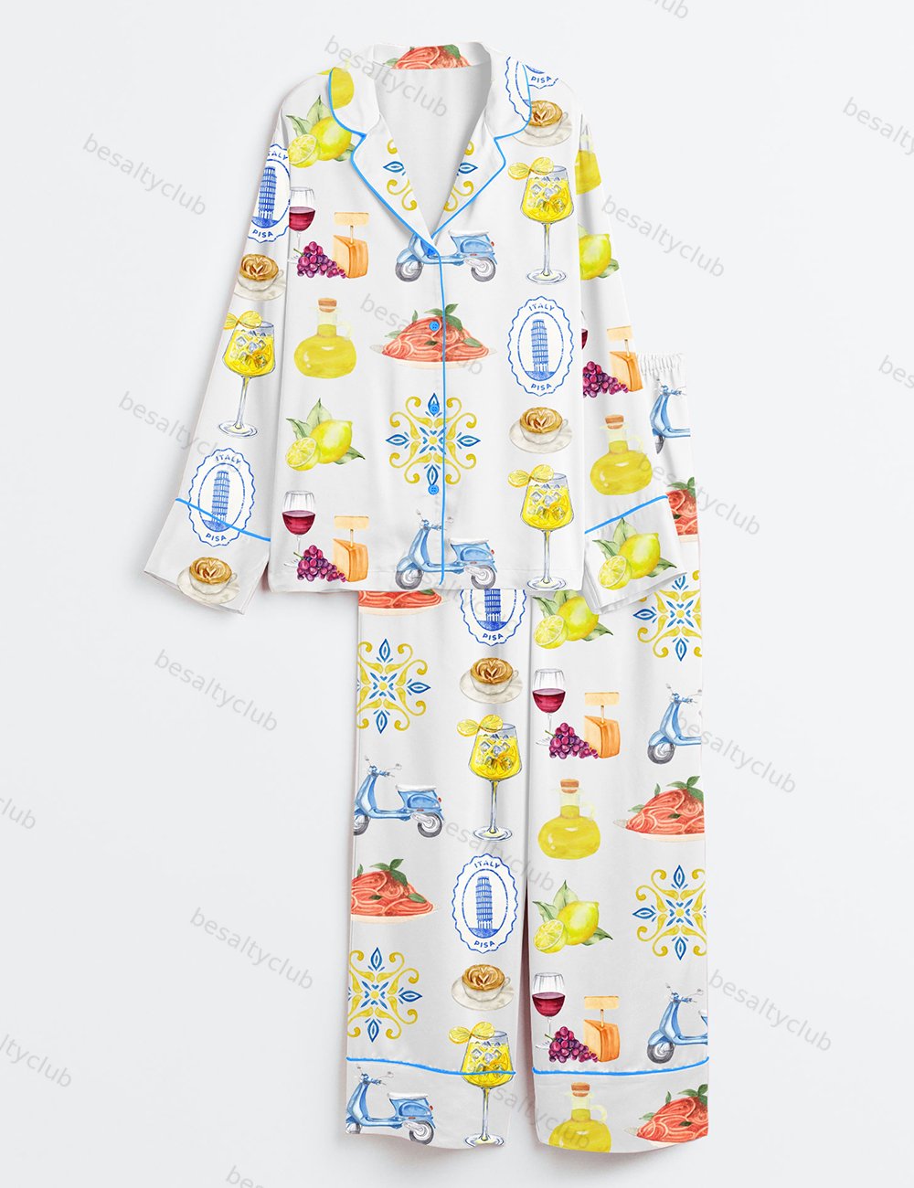 Amalfi Coast Social Club Capri Italy Lemon Tree Aperol Spritz Long Sleeve Satin Pajama Set