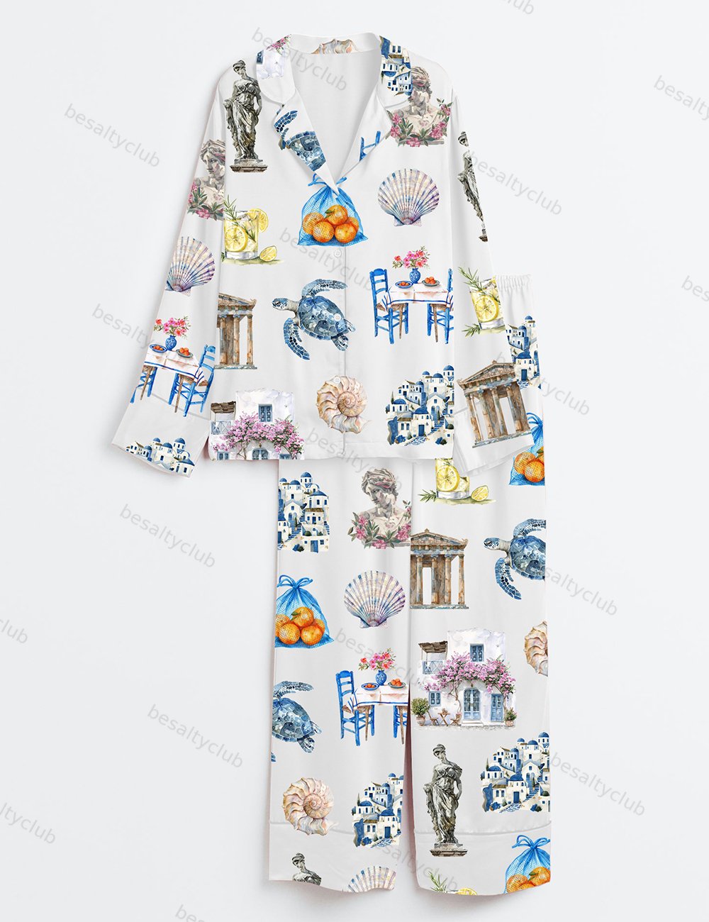 Greece Watercolor Greek Summer Travel Long Sleeve Satin Pajama Set